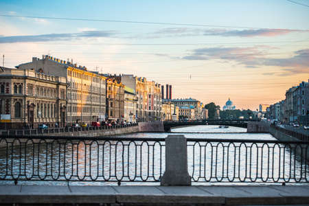 Bridge over Fontanka river at summer white nights in Saint Petersburg, Russiaの写真素材