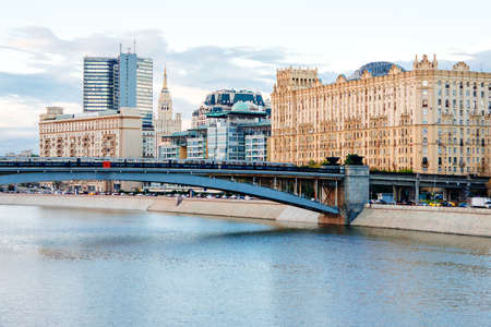 MOSCOW, RUSSIA - AUGUST 15, 2015: View of Moscow city centre with Moskva river quay and metro-bridge in the evening in Moscow, Russiaのeditorial素材