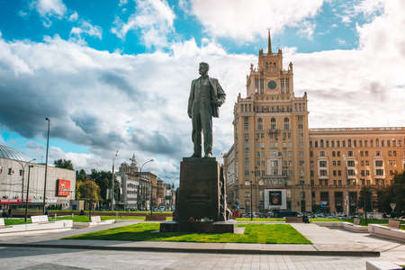 MOSCOW, RUSSIA - AUGUST 15, 2015: View of Mayakovsky monument at renovated Triumphalnaya square with Hotel Beijing on the background in Moscow, Russiaのeditorial素材