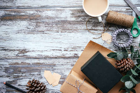 Christmas or New year gift packing. Christmas background with copyspaceの写真素材