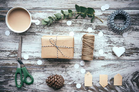 Christmas or New year gift packing. Holiday decor conceptの写真素材