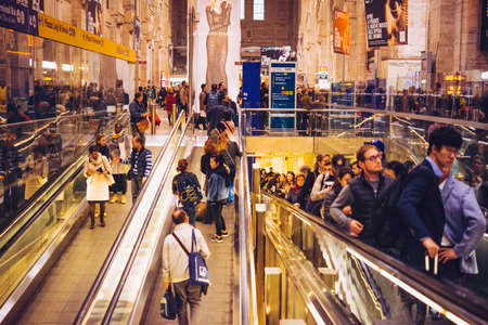 MILAN, ITALY - OCTOBER 14, 2015: The interior view of Milano Centrale railway station in Milan, Italy. Toned pictureのeditorial素材