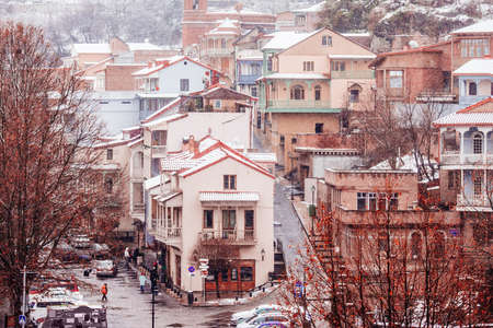 View of Tbilisi Old town Sololaki in winter while snowの写真素材