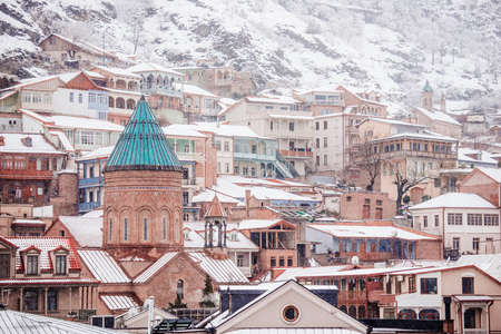 View of Tbilisi Old town Sololaki in winter while snowの写真素材