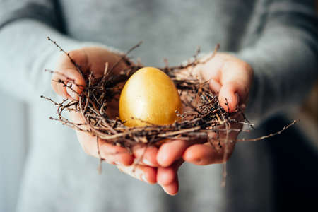 Hands holding golden egg in a small nest. Selective focusの写真素材