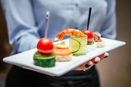 A person holds in hands a plate with different snacks and appetizers at a cocktail party. Catering concept.の写真素材