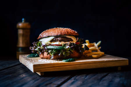 Classic american cheeseburger served with french friesの写真素材