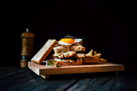 Classic club sandwich with fried eggの写真素材
