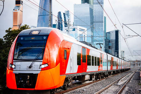 Moscow Central Circle train arrives at the platformのeditorial素材