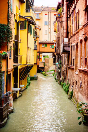 View of the canal in the old city of Bologna, Emilia Romagna region, Italy.の写真素材