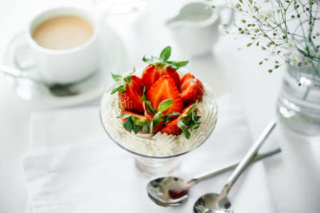 Strawberries with whipped cream dessertの写真素材