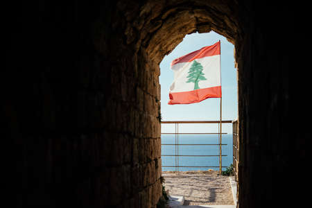 Lebanese flag seen at the Byblos fortress in Byblos, Lebanon.の写真素材