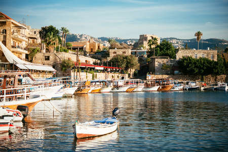 View of the boats in the harbour of Byblos, Lebanon.の写真素材