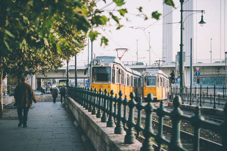 View of trams in the streets of Budapest, Hungary. Toned picture