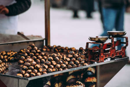 Chestnuts on sale at one of the streets in Istanbul, Turkey.の写真素材