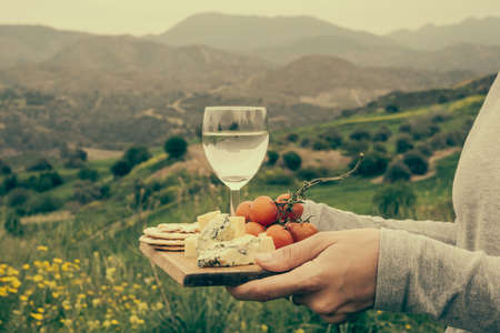 Hands holding wooden board with appetizers and a glass of white wine at a picnic in the mountains. Toned pictureの写真素材