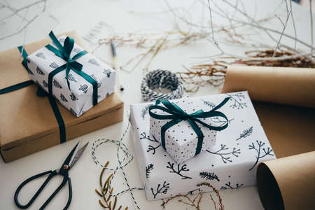 Christmas or New year gift packing. Holiday decor concept.の写真素材