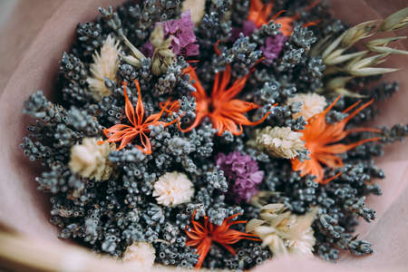 Bouquet with dry flowers. Lavender and ryeの写真素材