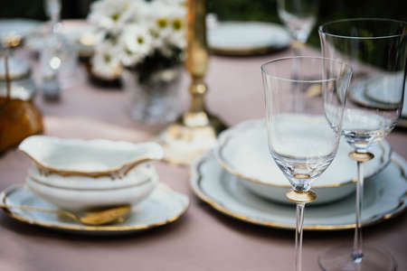 Table served for luxury dinner partyの写真素材