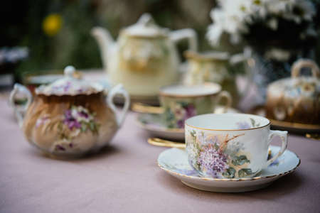 Table served for tea in a gardenの写真素材