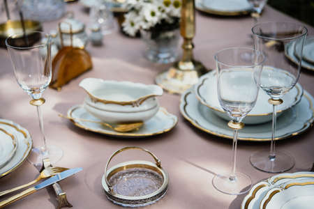 Table served for luxury dinner partyの写真素材