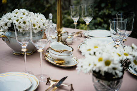 Table served for luxury dinner partyの写真素材