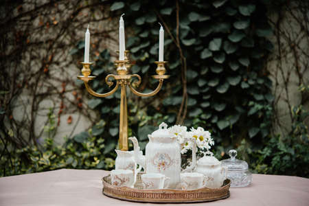 Table served for tea in a gardenの写真素材
