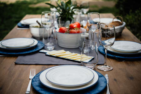 Table served for party dinner in mediterranean styleの写真素材