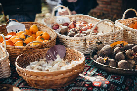 View of small street farmers market selling fresh village produceの写真素材