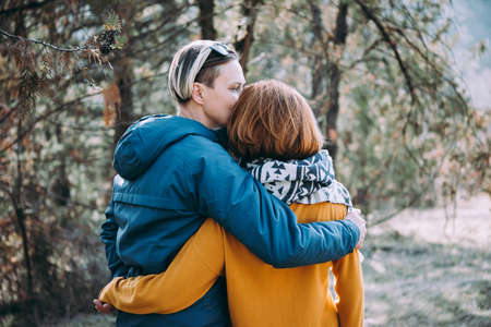 Happy lesbian couple huggingの写真素材
