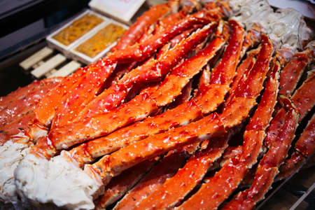 Pieces of crab on sale at the Kuromon Ichiba market in Osaka, Japan.