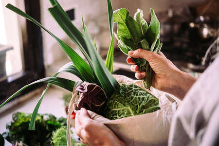 Unpacking a bag of fresh vegetables and greens after grocery shopping. Healthy eating concept.の写真素材