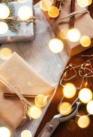 Wrapping presents and making decorations for Christmas or New Year celebration.の写真素材