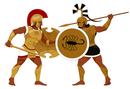 Duel of two great warriors from Iliad Homer on white backgroundの写真素材