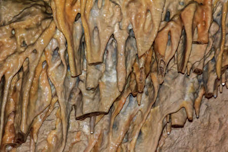 Interestingly shaped stalactite structures hanging from the wall of a cave の写真素材