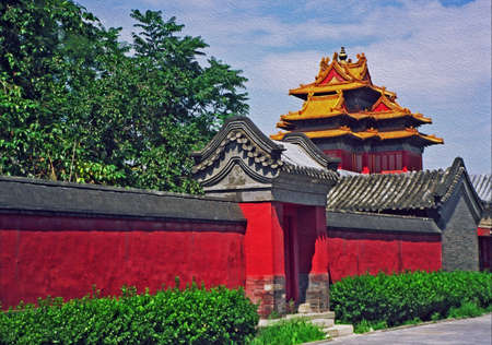 photo of a fragment of the forbidden city in Beijing, China, with red wall and a pavilion, stylized and filtered to look like an oil painting の写真素材