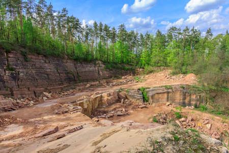 Wide angle view of a quarry with layers of unsurfaced sandstone, and forest and sky in background の写真素材