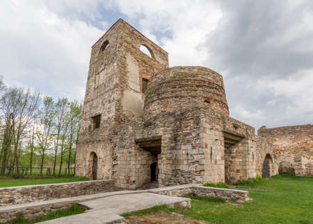 Fragment of  the ruins of an old nineteenth century ironworks with an oval chimney and a tower in the centreのeditorial素材