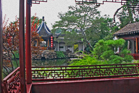 Photo of the Master of Net garden in Suzhou near Shanghai, China, stylized and filtered to resemble an oil painting のeditorial素材