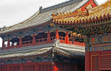 Beautifully decorated roofs of Lama temple in Beijing, Chinaのeditorial素材