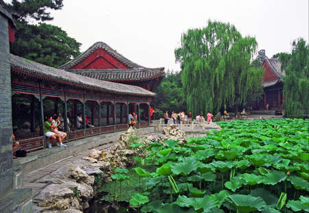 vintage style photo of chinese garden pavilions seen across the pond covered with nenufars and water plants in summer palace, Beijing, Chinaのeditorial素材