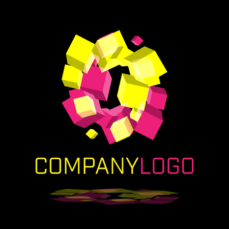 Abstract logo made of spinning cubes shapes on black background in vector formatのイラスト素材