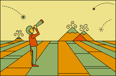 Illustration of a man looking through binoculars at the stars against an imaginary background in earth tonesのイラスト素材