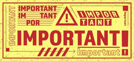 The word important is repeated several times in a formatted sign. Wide red and yellow banner with warning sign in the middleのイラスト素材