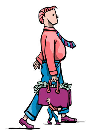 Funny illustration of a rich man holding a suitcase full of money and a small person carries it for him.のイラスト素材