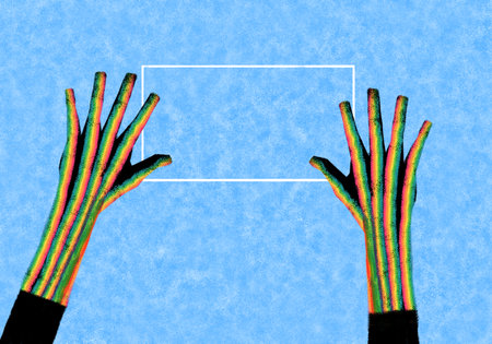 Drawing of two colorful hands holding sign with empty copy space on blue background.の写真素材