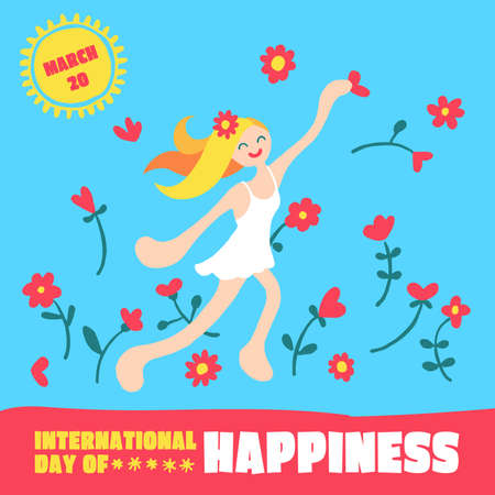 International Day of Happiness - March 20. AN illustration of a happy smiling girl dancing with flowers and sun in the background.のイラスト素材