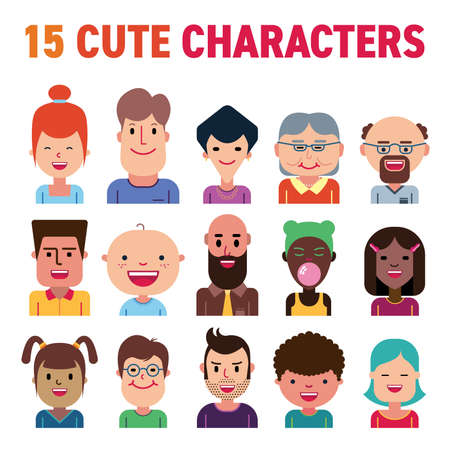 Set of fifteen cute and happy characters. Smiling faces Age 1 year - 80 yearsのイラスト素材