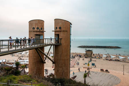 HERZLIYA Beach, ISRAEL - APRIL 5, 2022: A View of the elevators and bridge to the ACADIA coastline.