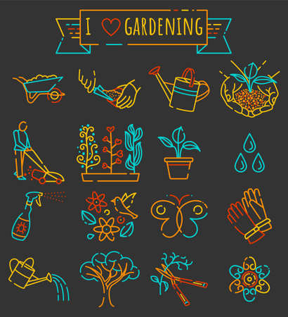 I love gardening icons set of plants flowers and gardening tools. Isolated vector design.のイラスト素材